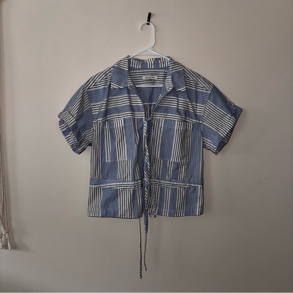 Blue and White Striped Blouse with Tie Detail